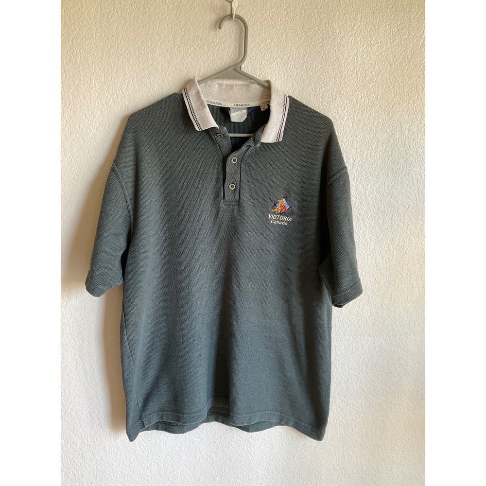 Vintage Attraction Victoria Canada Polo Shirt Mens Large Green Pique Souvenir
